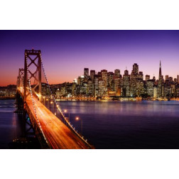 San Francisco skyline and Bay Bridge at sunset, California